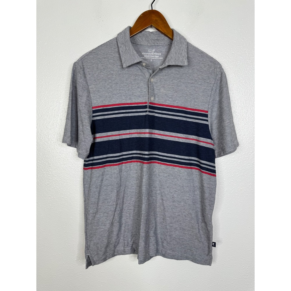 Vineyard Vines Edgartown Polo Mens Small Grey Navy Red Striped Pima Cotton Shirt